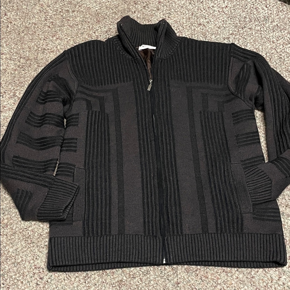 Balmain Men's brown zip front sweater with Black Stripes